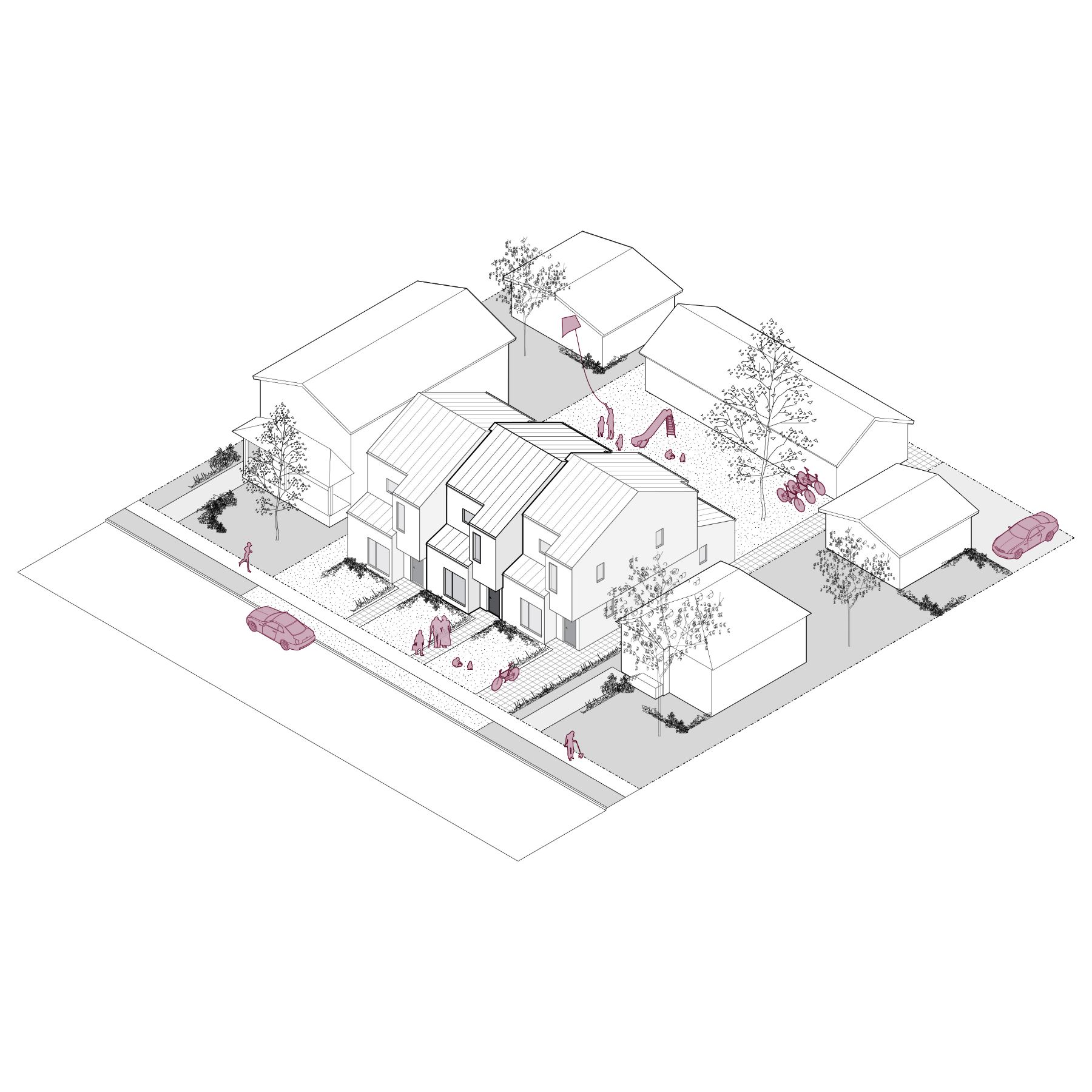 Rendu filaire 3D de la maison en rangée 02, d’une superficie de 854 pieds carrés. L’image montre la maison de deux étages dans un immeuble de maisons en rangée semblables. Elle met en valeur son caractère spacieux et adaptable, et montre des trottoirs, des véhicules et un aménagement paysager à proximité.
